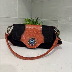 Vintage PIC2 Suede & Faux Leather Shoulder Bag with Gemstone Flower Accent